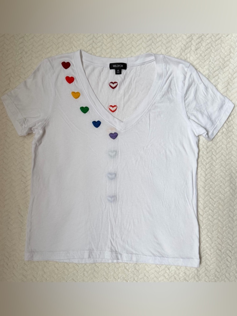 Wildfox White V-Neck Tee with Red and Orange Heart Embroidery